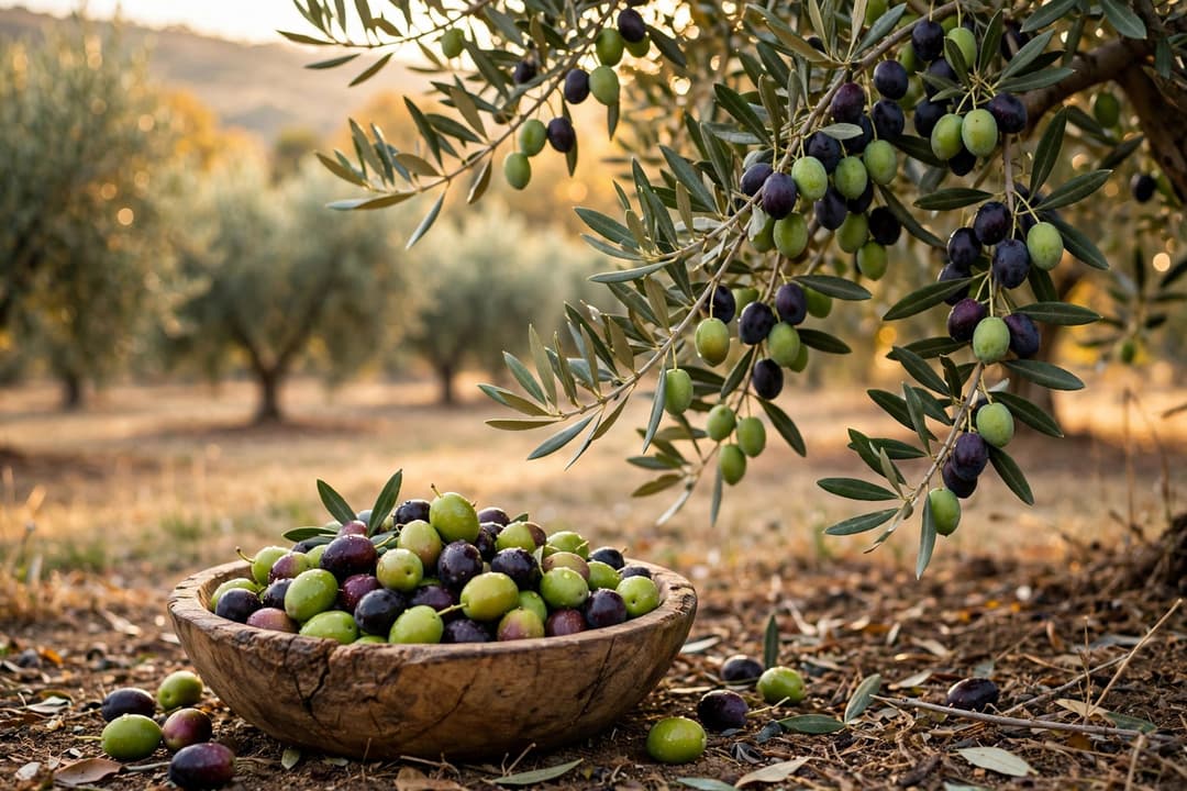 Fresh green and purple-black olives hanging on an olive branch above a wooden bowl of just-picked olives in a sunlit grove