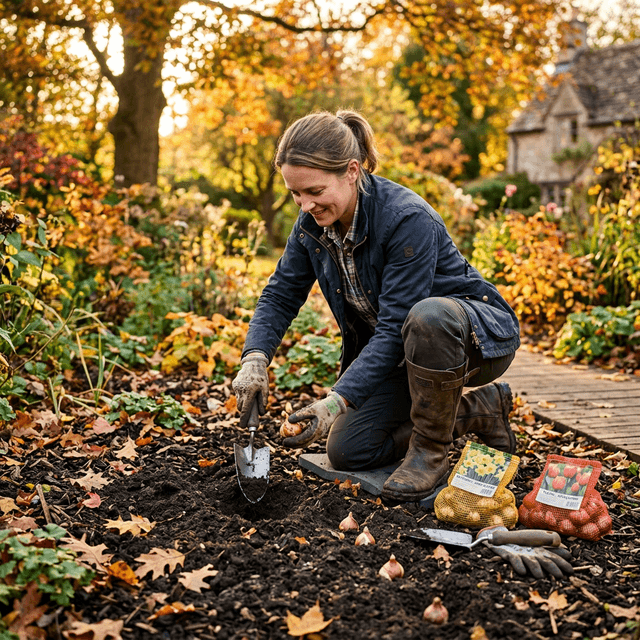 Gardener planting spring bulbs in autumn with tulip and daffodil bags nearby