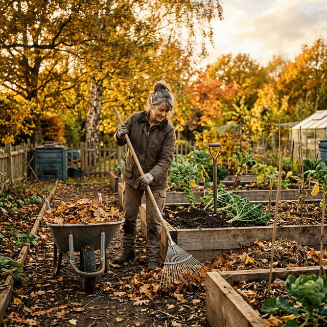 Gardener raking autumn leaves and cleaning garden beds with raised beds in background
