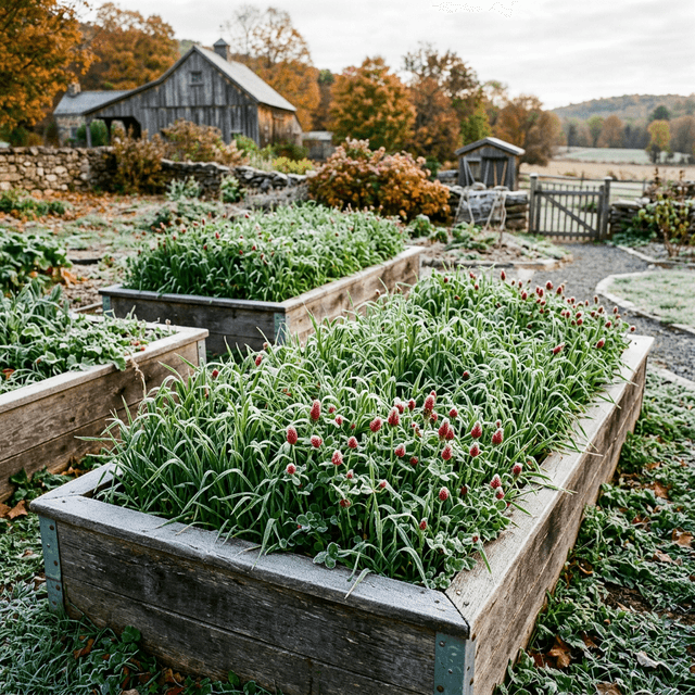 Winter rye and crimson clover cover crops growing in frost-covered raised beds