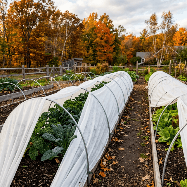 Hoop tunnel row covers protecting kale and lettuce in autumn garden