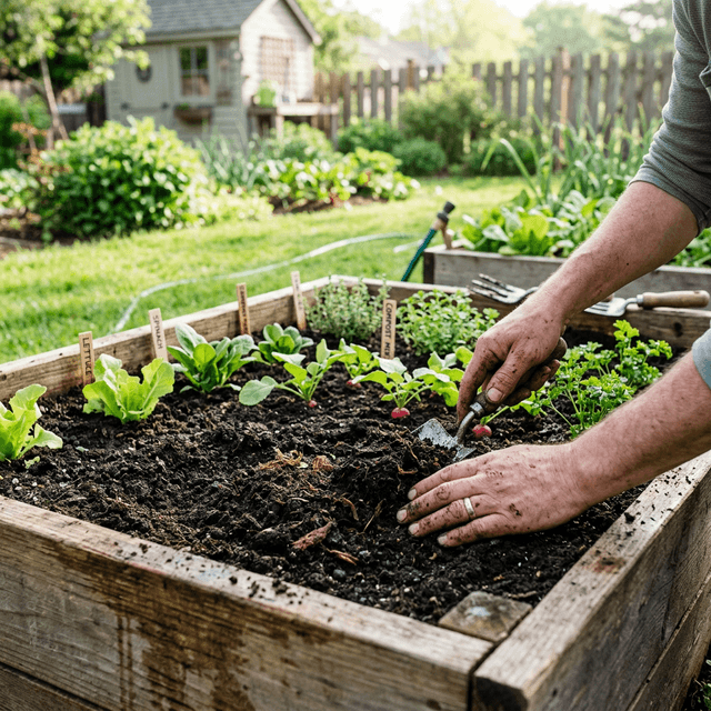 Gardener working compost into raised bed soil in spring