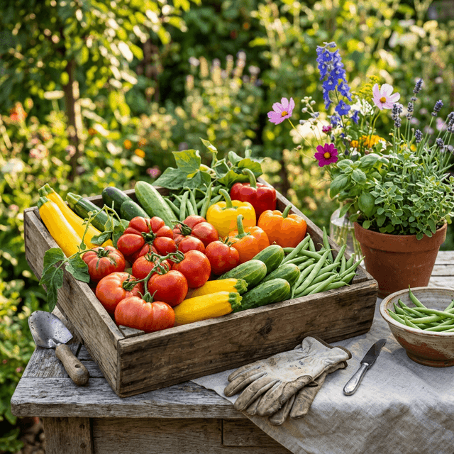 Abundant summer harvest of tomatoes, zucchini, cucumbers and beans in a wooden crate
