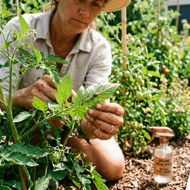 Gardener inspecting tomato leaves for pests with organic spray nearby