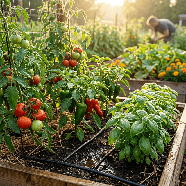 Drip irrigation watering a lush summer vegetable garden at sunrise