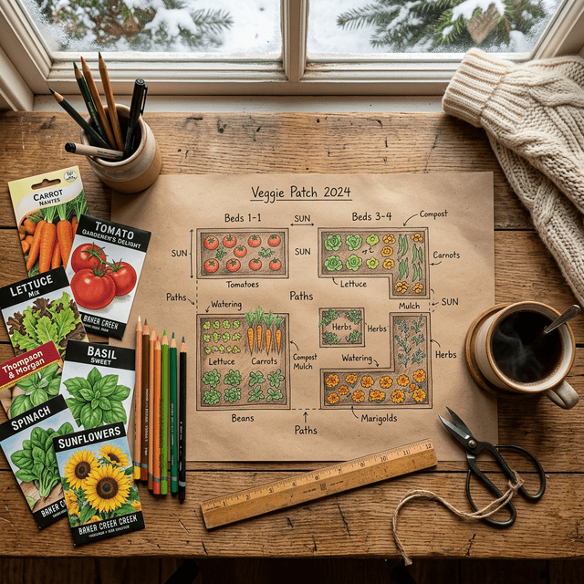 Hand-drawn garden bed layout on kraft paper with seed packets and coffee