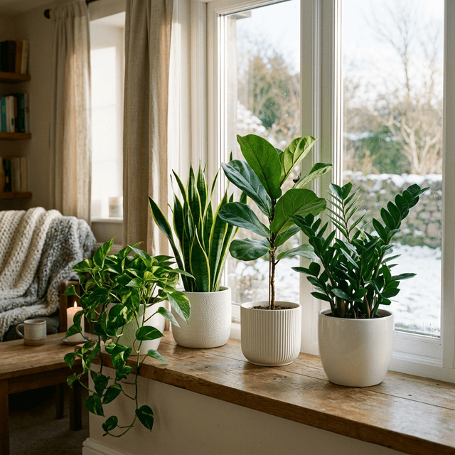 Healthy collection of houseplants including pothos, snake plant, and ZZ plant in winter window light