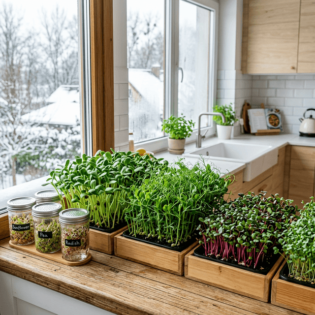 Vibrant microgreen trays and sprouting jars on a kitchen windowsill in winter
