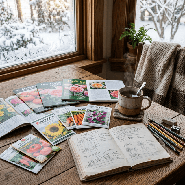 Seed packets and garden catalogs spread on a cozy table by a snowy window