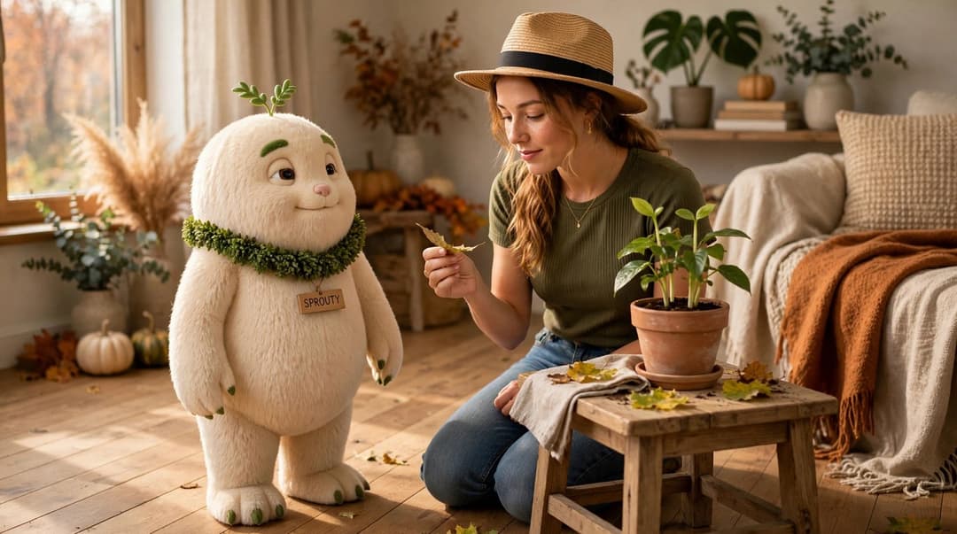A young woman in a straw hat kneeling beside a wooden table holding a fallen yellow leaf, a fluffy cream-colored mascot standing on the floor next to her, and a potted houseplant with fresh green shoots on the table in a cozy living room