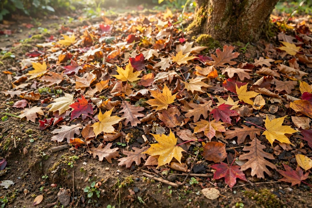 Fallen autumn leaves in gold, brown, and red forming a leaf-litter layer on the soil at the base of a tree
