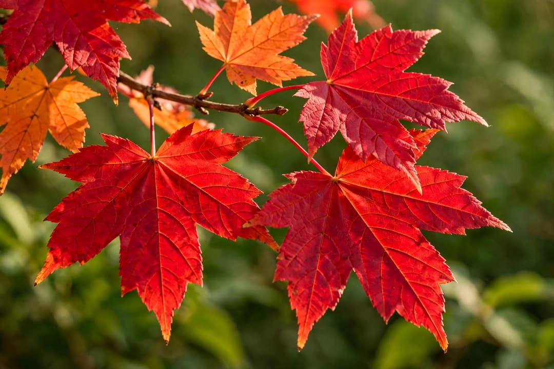 Brilliant scarlet red maple leaves on a branch in autumn sunlight, with one orange leaf beside them