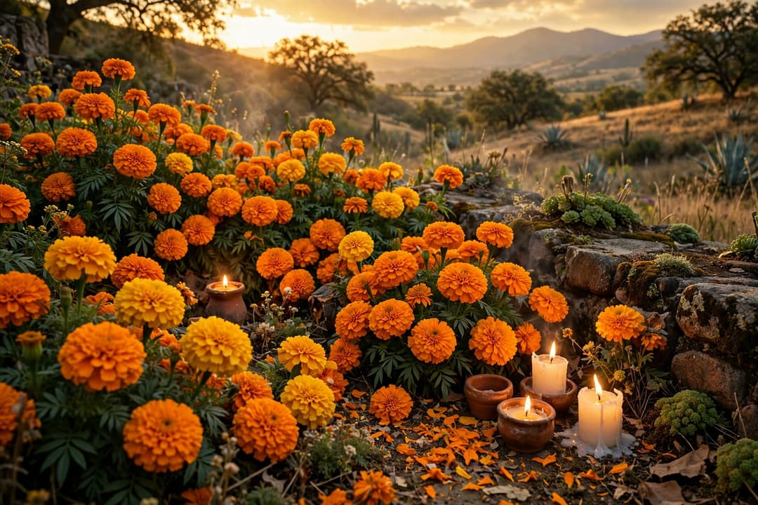 Clusters of bright orange and gold Aztec marigold blooms beside flickering candles on a Day of the Dead ofrenda