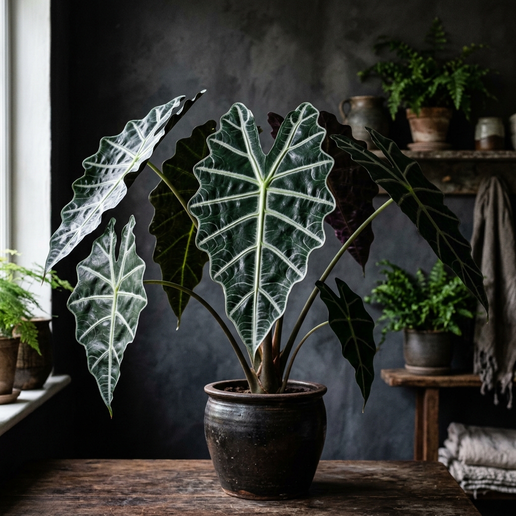 A stunning dramatic Alocasia plant with massive dark green leaves and striking white veins, photographed against a dark wall in moody side lighting