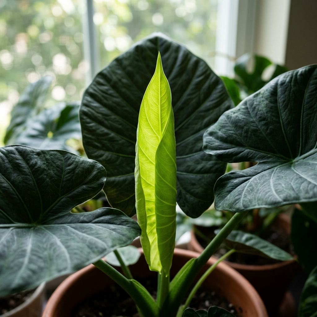 A bright lime-green new Alocasia leaf standing tall and tightly furled in the center of the plant, backlit by window light, surrounded by darker mature leaves