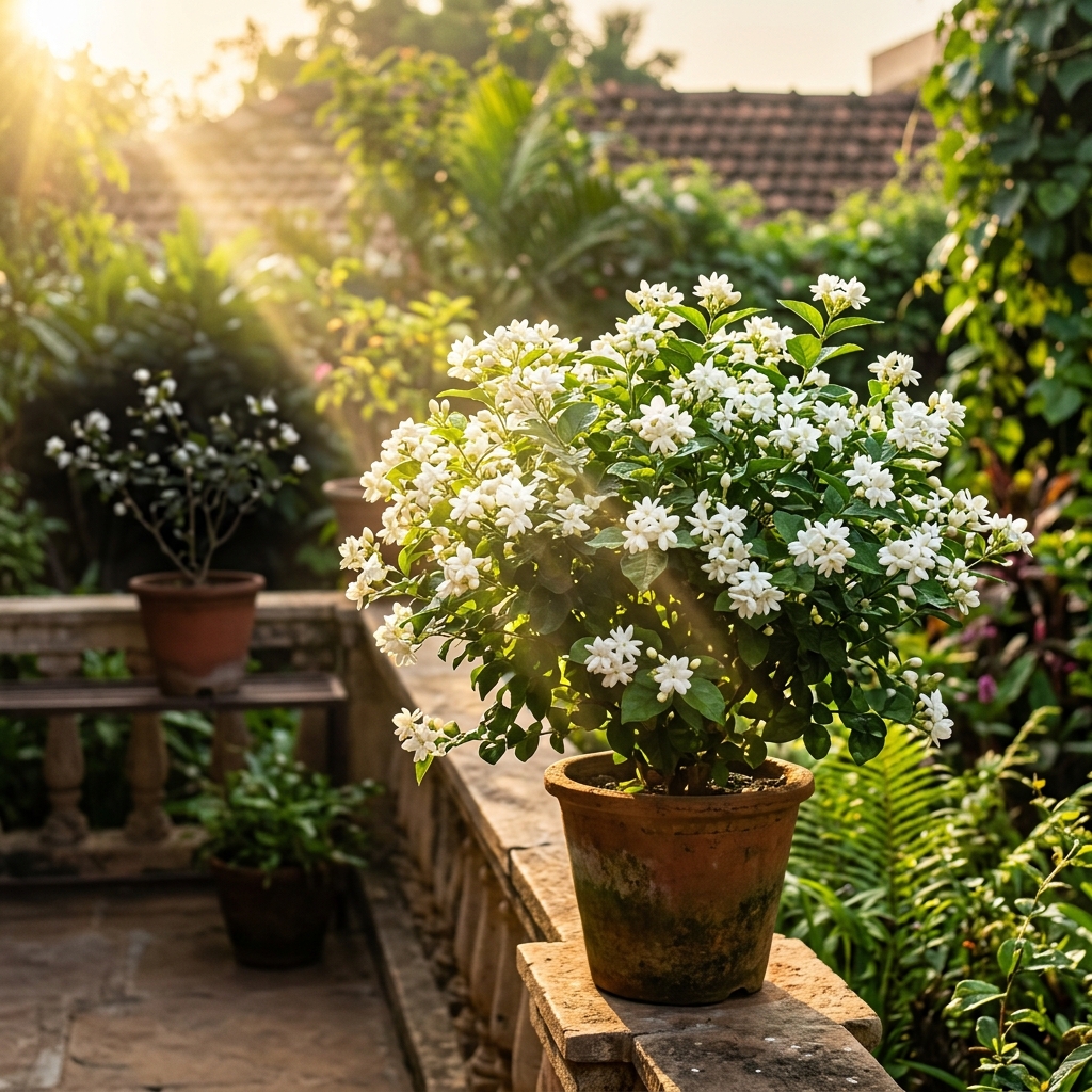 Arabian Jasmine in a sage green pot near a sunny window with a seasonal care calendar showing fertilizer timing — spring and summer active months marked in green