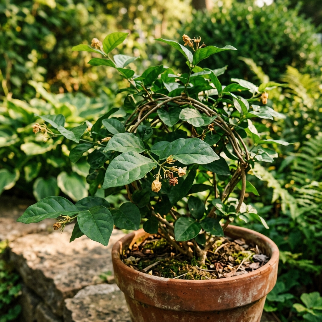 Arabian Jasmine plant in a terracotta pot with lush green leaves but no flowers — yellowing buds that never opened, with a thermometer, compact root-bound plant, and pruning shears illustrated around it