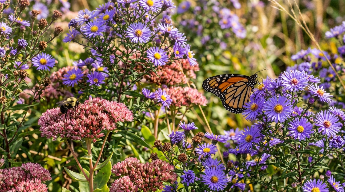 Late season pollinator perennial border in September with vibrant purple asters and dusky-pink upright stonecrop sedum buzzing with bumblebees and monarch butterflies