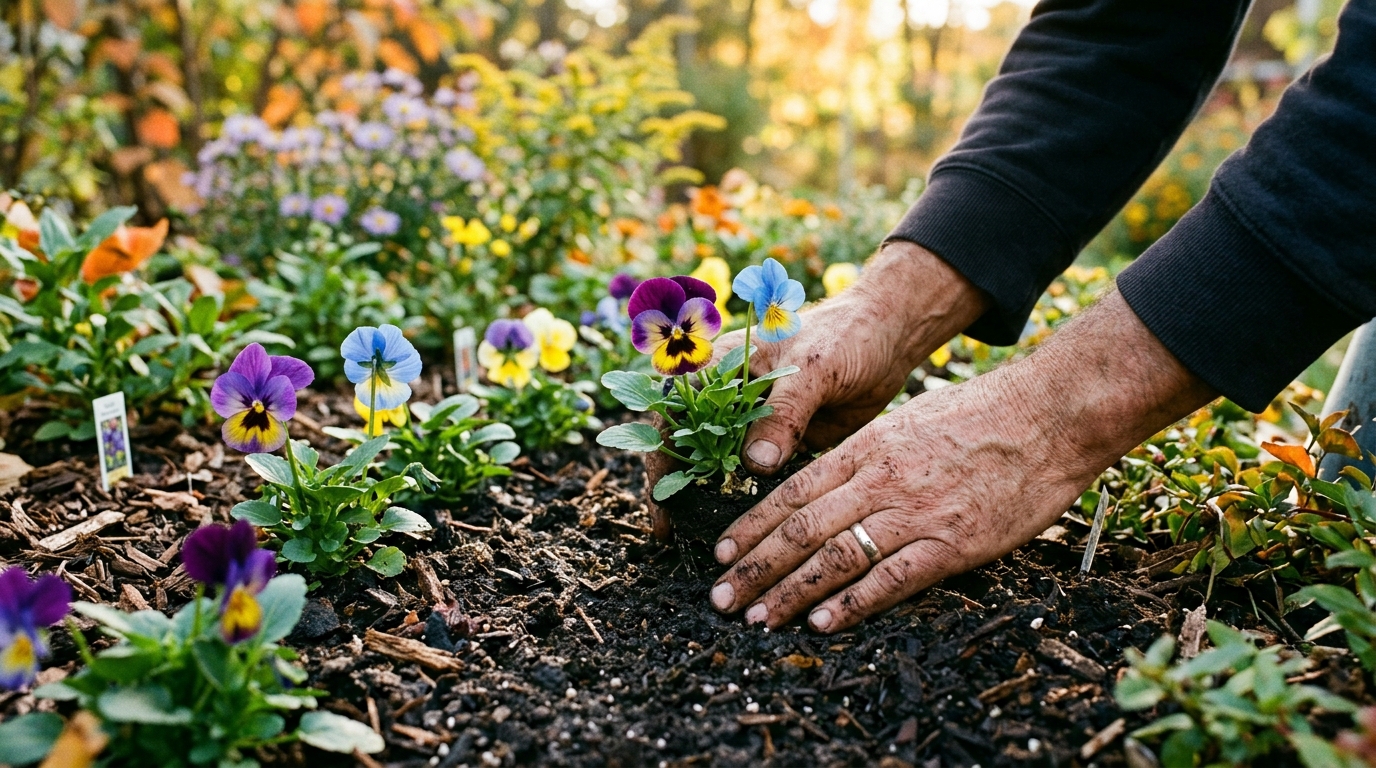 Gardener gently planting purple and yellow pansy seedlings into rich dark soil border in early autumn
