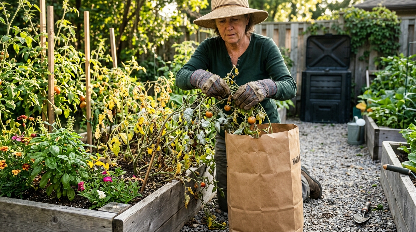 A gardener wearing gloves placing diseased tomato vines and mildewed garden debris into a heavy-duty paper municipal yard-waste bag