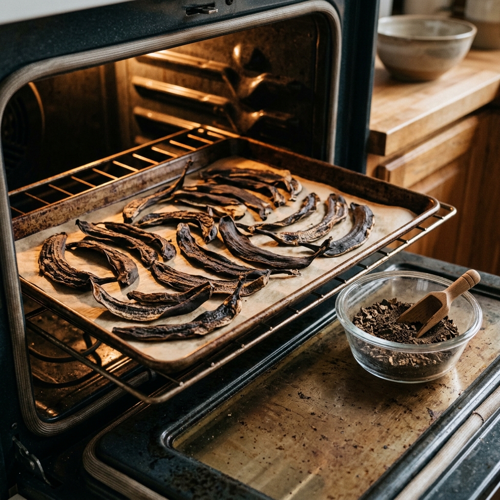 Banana peels laid flat on a baking sheet in a warm oven, dried to dark brown-black, with a glass bowl of finished dark banana peel powder beside the oven