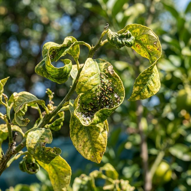 Citrus tree leaves curled inward with aphid infestation visible on the underside