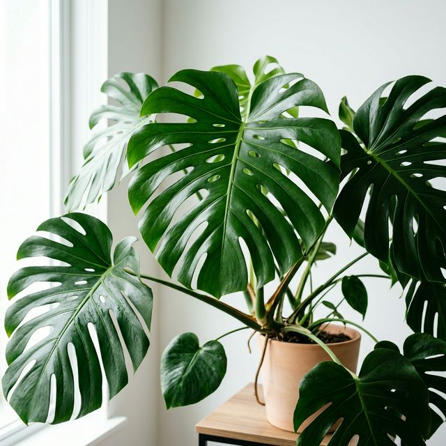 Large healthy Monstera deliciosa with dramatic split leaves in a terracotta pot by a bright window