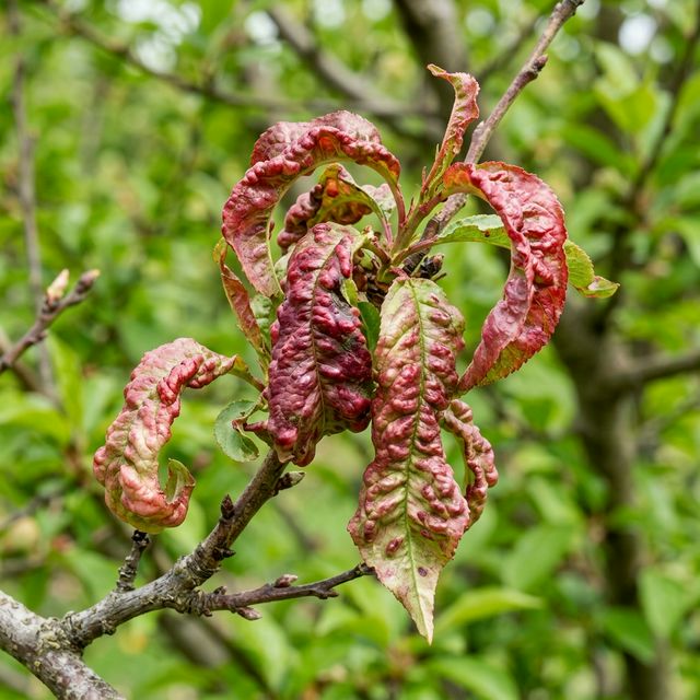 Plum tree showing dramatic leaf curl disease with reddish-purple puckered and blistered leaves