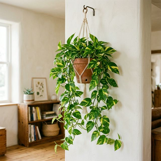 Golden pothos with heart-shaped variegated leaves trailing from a hanging planter in a bright home interior