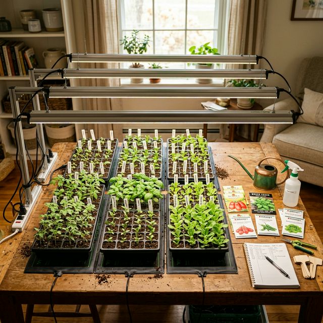 Complete indoor seed starting setup with grow lights, heat mats, trays and seedlings