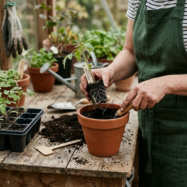 Hands transplanting a seedling from a small cell tray into a larger pot with fresh potting mix