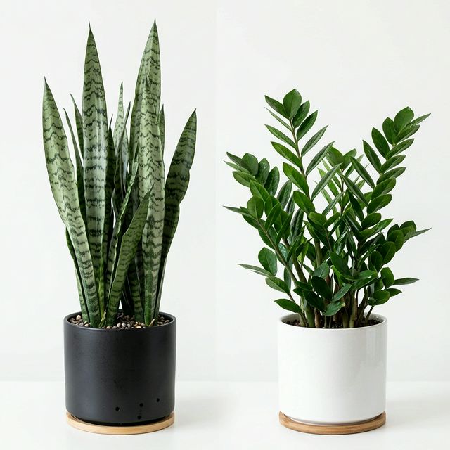 Snake plant (Sansevieria) and ZZ plant side by side in modern pots, both showing healthy upright growth