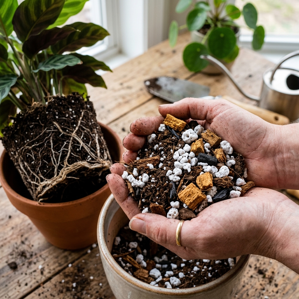 Hands holding a chunky airy houseplant soil mix with clearly visible white perlite pieces and golden orchid bark chunks, with a Calathea root ball and terracotta pot visible in the background
