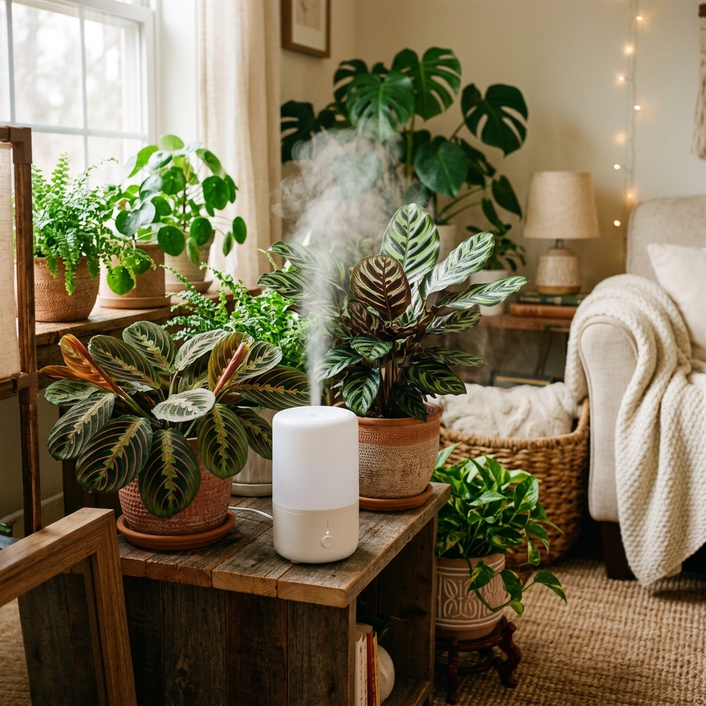 A cozy indoor plant corner with a white ultrasonic humidifier misting the air next to a cluster of healthy Calathea and Maranta plants with beautifully patterned leaves