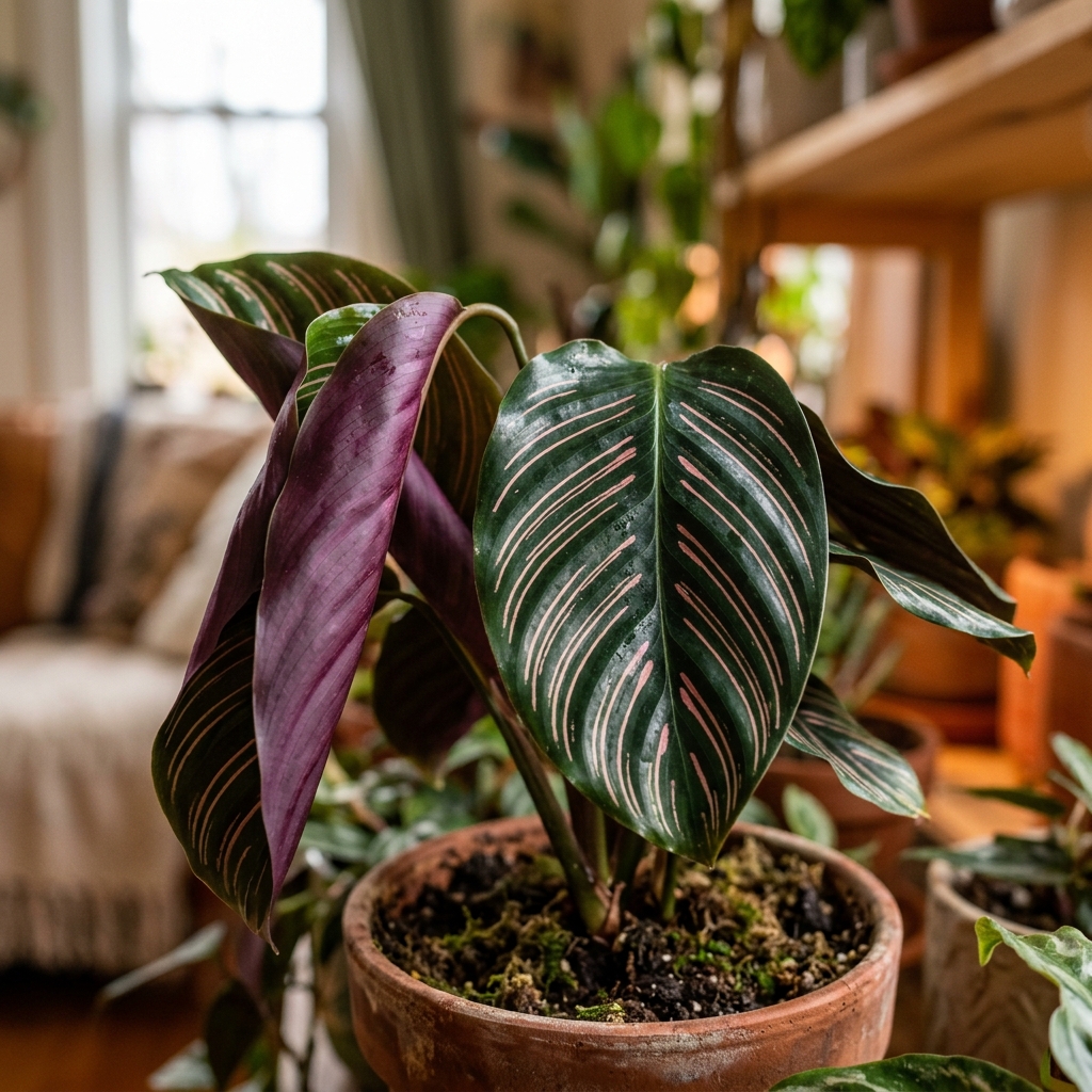 A stunning Calathea ornata with dark green leaves featuring pink pinstripes and deep purple undersides, dramatically lit in a warm indoor setting — one or two leaves slightly curled