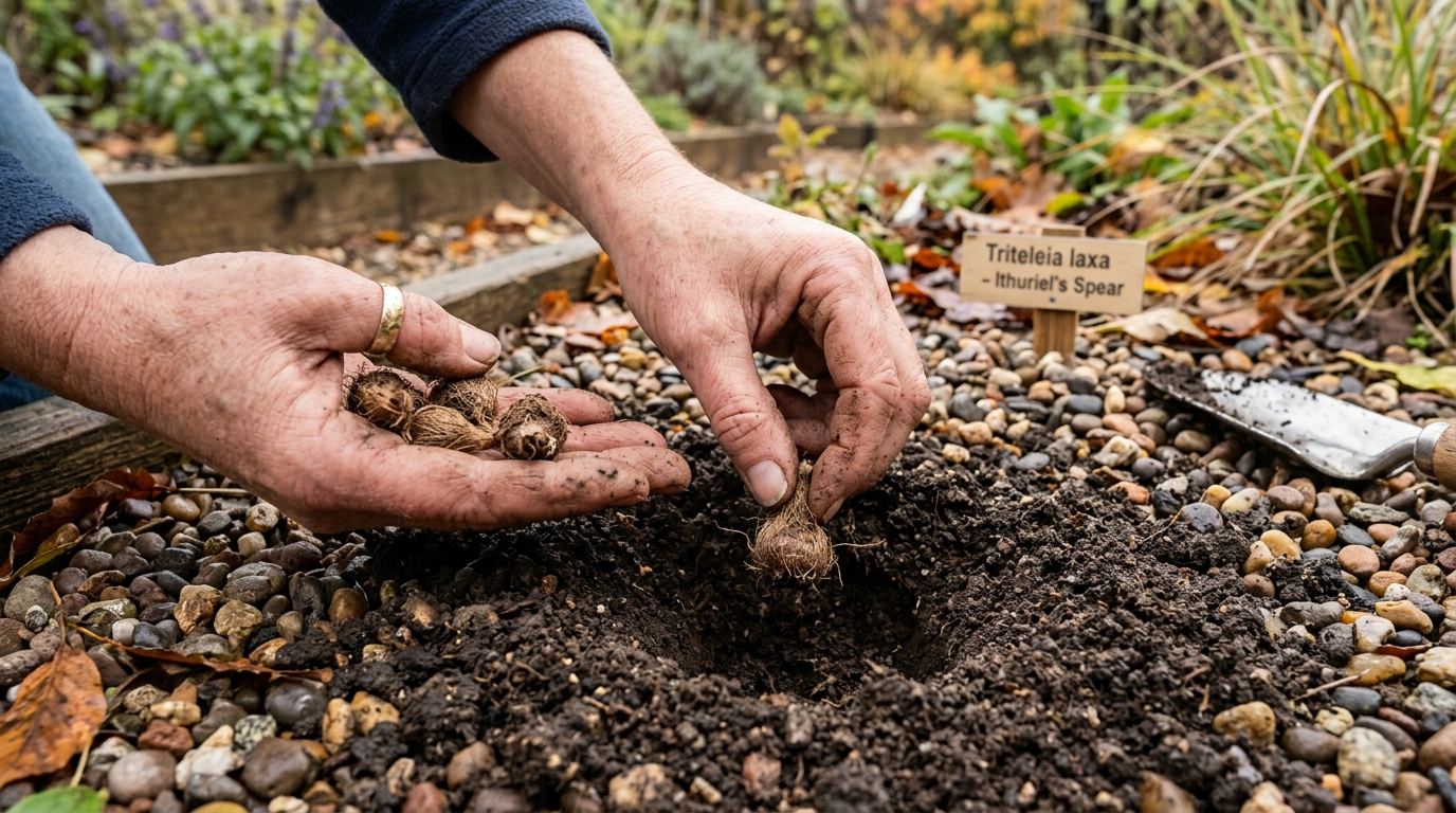 Hands planting Triteleia laxa corms three inches deep into cool, moist autumn soil following the first rains