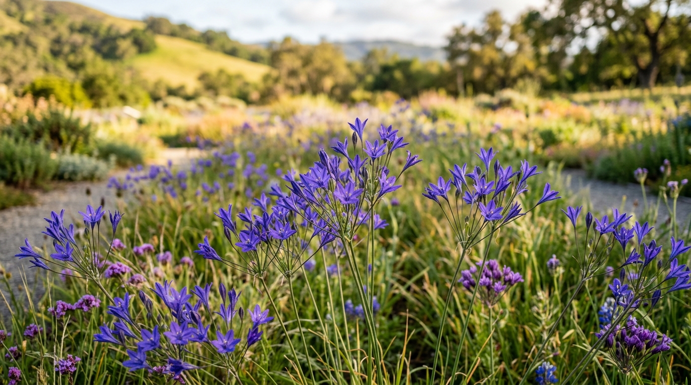 Clusters of California native Ithuriel's spear (Triteleia laxa) and Brodiaea blooming in vivid purple-blue star flowers