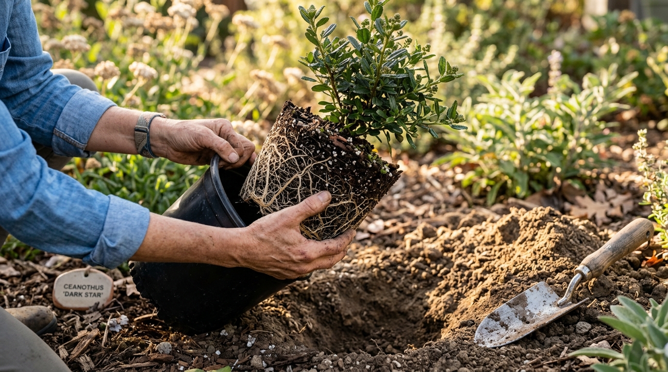 Gardener inspecting healthy white root system of a Ceanothus nursery container plant next to a properly prepared planting hole