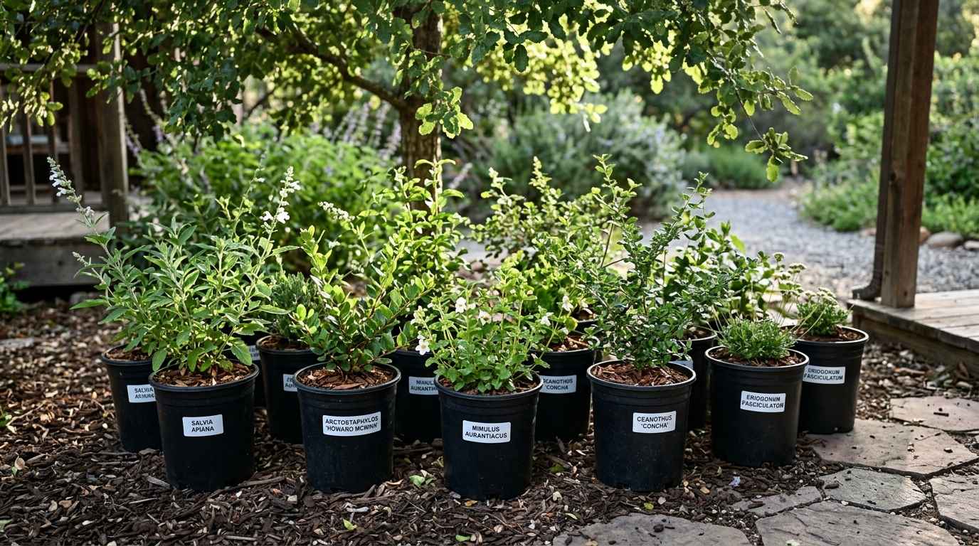 Collection of gallon nursery pots of California native plants including Salvia, Ceanothus, and Arctostaphylos staged together in dappled shade under an oak tree