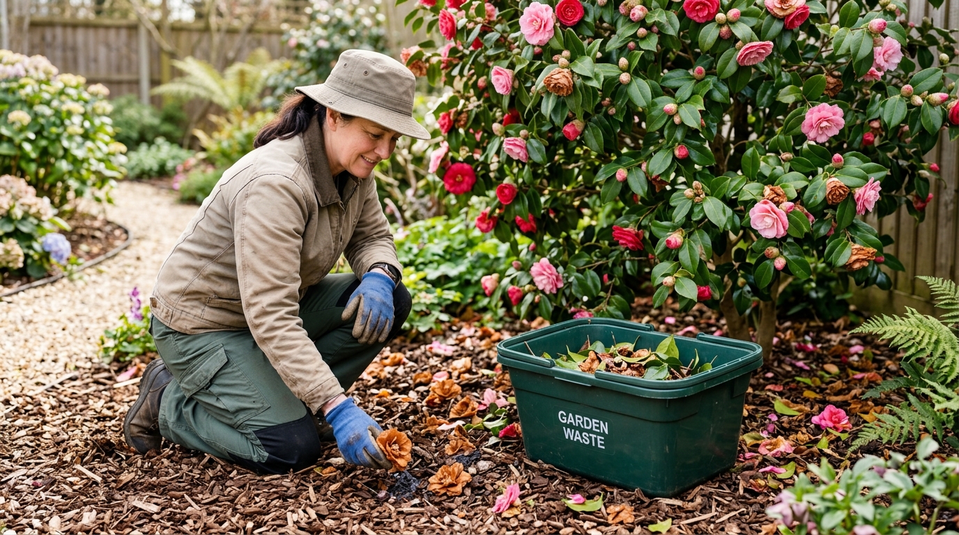 Gardener wearing gloves collecting fallen blighted camellia flowers from mulch into a green garden waste bin