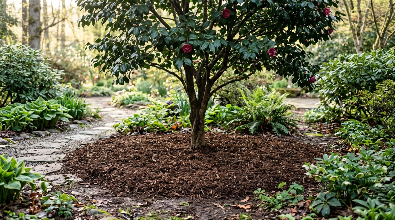 Fresh pathogen-free woodchip mulch spread in a flat 4-inch layer beneath a healthy camellia shrub with trunk base clear