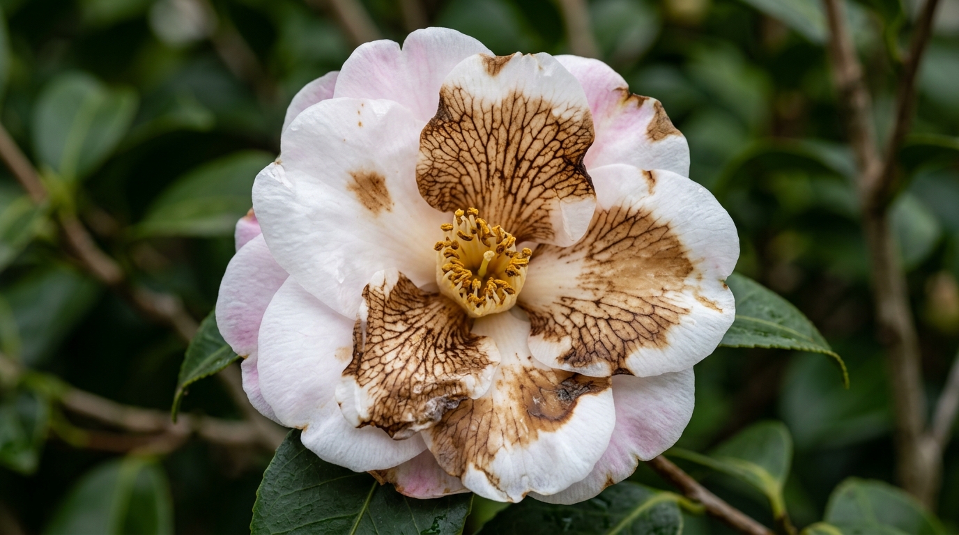 Macro close-up of a white and pink camellia flower showing dark brown netted veins across blighted petals