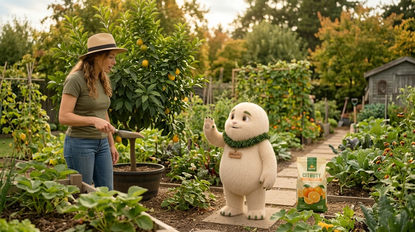 Sophie holding a fertilizer scoop near a lemon tree while Sprouty stops her on the garden path before applying citrus fertilizer in September