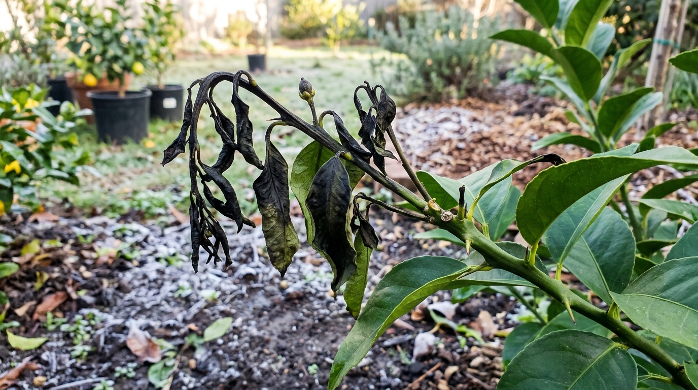 Citrus tree branch with blackened, curled, frost-damaged tender tips from late-season growth after an early freeze event