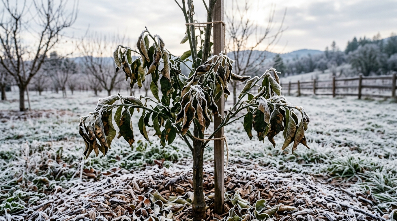 Young citrus tree in an orchard setting severely damaged by winter frost, with curled blackened leaves and ice crystals on surrounding mulch