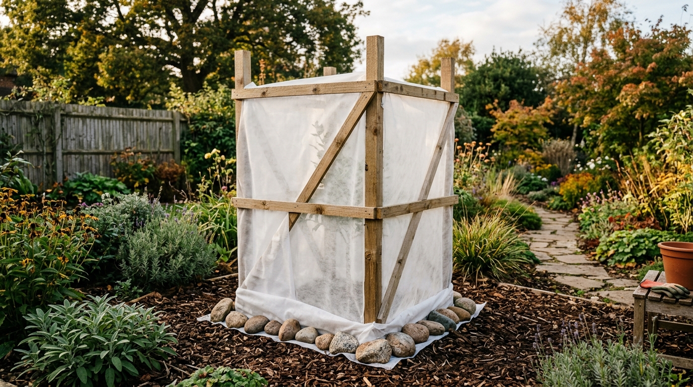 A young citrus tree protected from frost by a sturdy wooden stake framework draped in breathable white frost fabric reaching to the ground, weighed down with stones