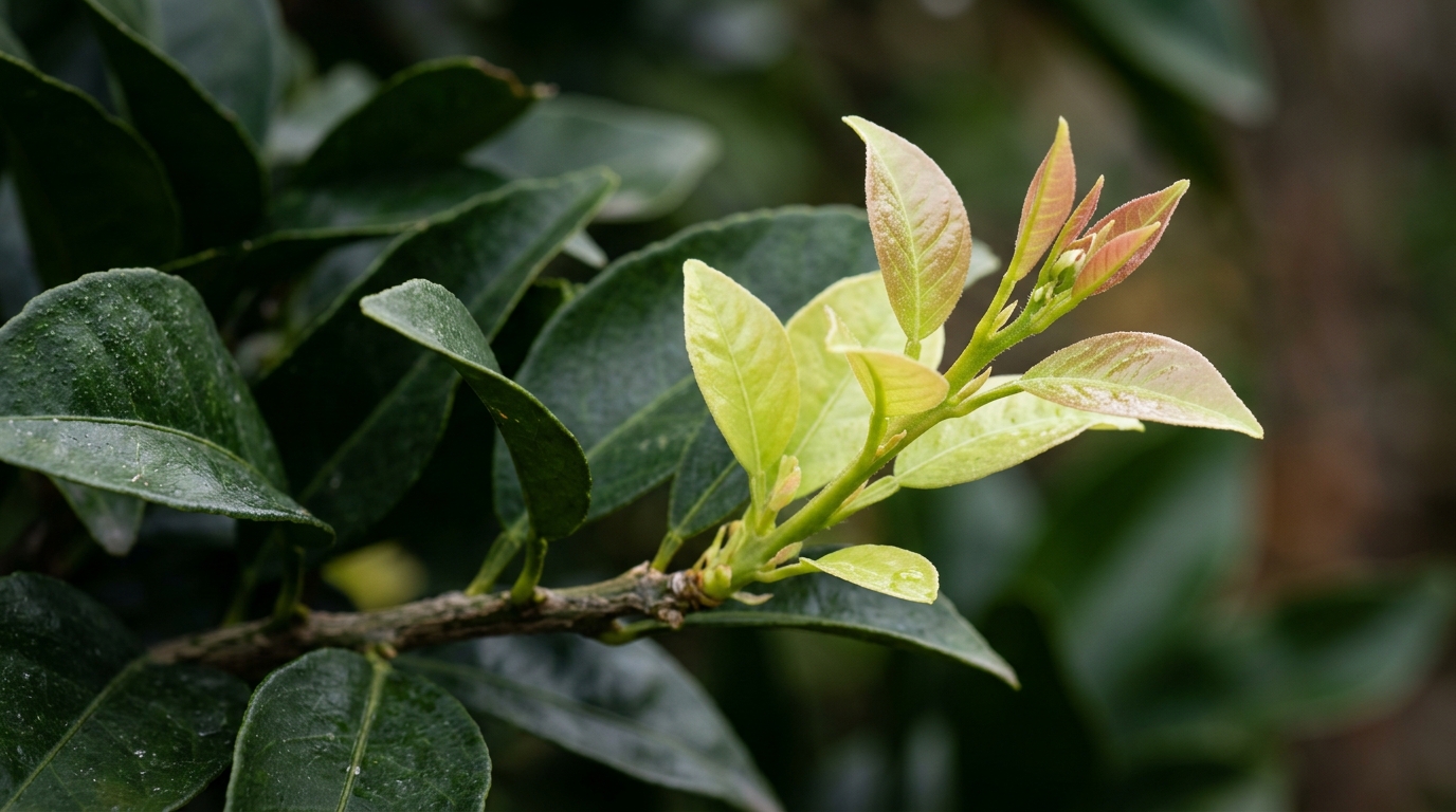 Macro close-up of tender pale lime-green and reddish citrus vegetative flush on a branch contrasted against thick dark green mature leaves