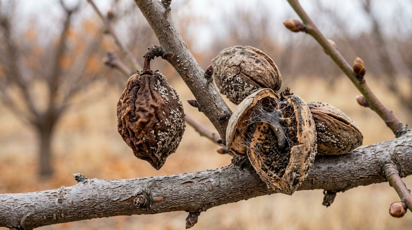Macro view of a dried shriveled cling peach mummy covered in brown rot spore crusts next to a cracked almond mummy nut filled with navel orangeworm webbing and frass