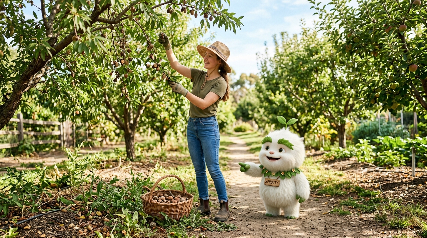 Sophie reaching up into orchard tree branches to harvest dried cling fruit and nuts into a grounded woven basket on the path while Sprouty supervises