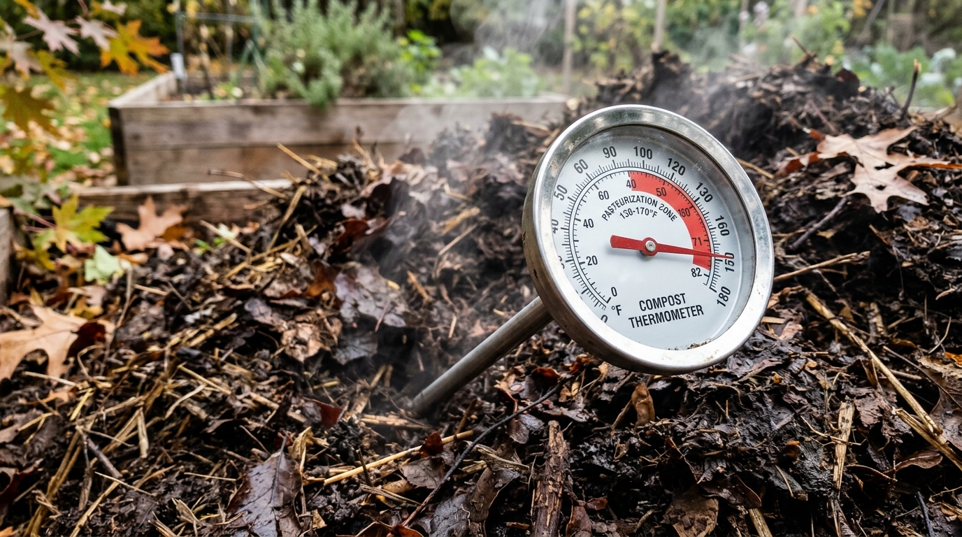 A long-stem stainless steel compost probe thermometer inserted into a steaming, dark compost pile showing temperatures in the pasteurization zone between 150°F and 165°F